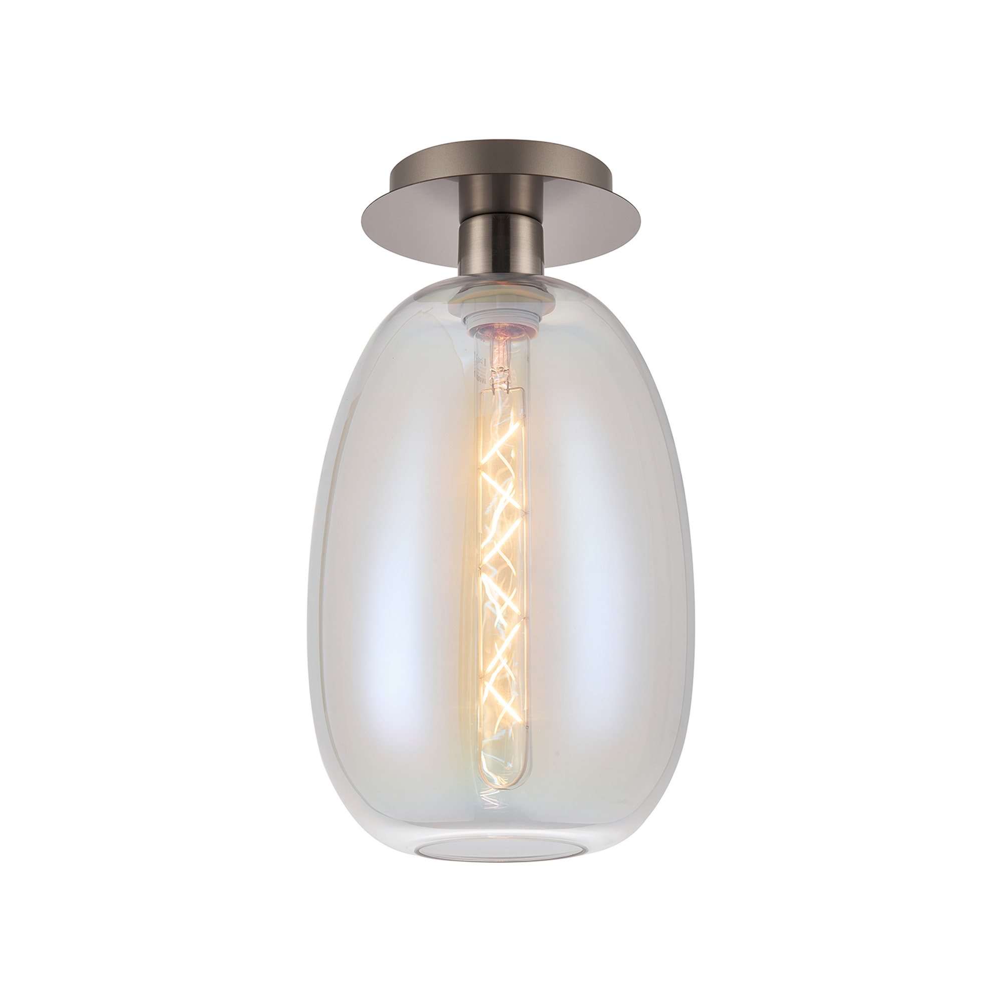 DK1415  Lori 15cm Round Ceiling Flush, 1 Light Flush Fitting E27, Satin Nickel/Iridescent Slim Curved Trapezium Shades